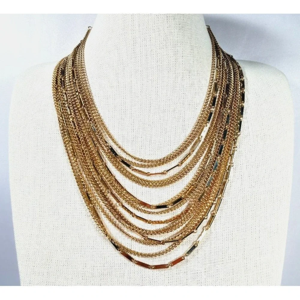 Vintage Multi Strand Necklace Bib Gold Tone Chain  Adjustable 17
